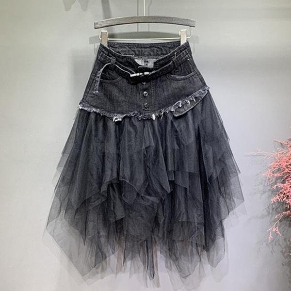 Women Denim Mesh Patchwork Skirt High Waist A Line Asymmetric Frill Tulle Gothic Chic Skirts