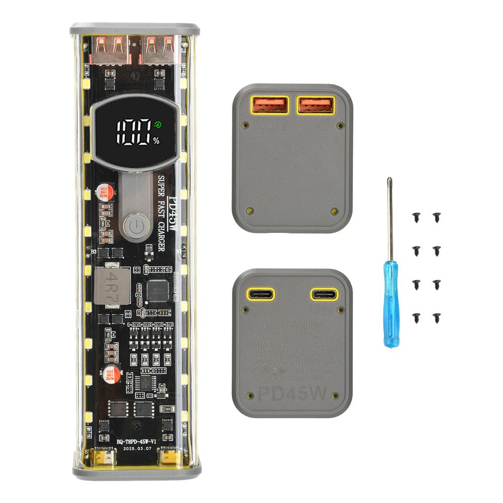 45 Вт 8*18650 Прозрачный корпус Power Bank DIY Электронный набор со светом Цифровой дисплей Быстрая зарядка Аккумуляторный бокс USB TypeC