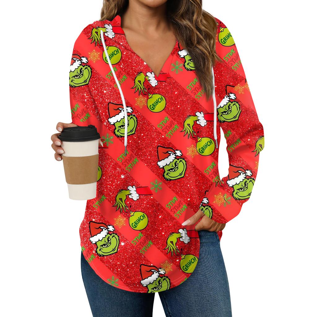 Женские модные худи с V-образным вырезом, длинным рукавом, рождественским принтом, кулиской, повседневные, свободные, пуловерные топы