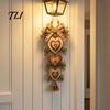 Indoor Outdoor Wall Accents Rustic Heart Shaped Hanging Pendant with Wooden Beads & Bow, Farmhouse Style Art Ornament LED Light for Front Door Living