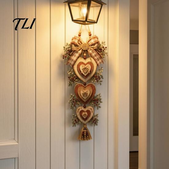 Indoor Outdoor Wall Accents Rustic Heart Shaped Hanging Pendant with Wooden Beads & Bow, Farmhouse Style Art Ornament LED Light for Front Door Living