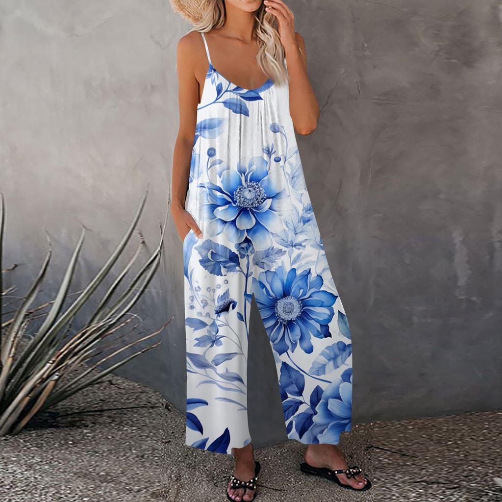 Женский комбинезон с цветочным принтом, повседневный свободный комбинезон с регулируемыми подтяжками