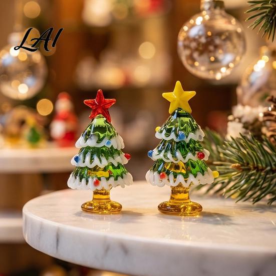 Solid Glass Craftsmanship Pieces Handmade Mini Christmas Tree Figurine Blown Tabletop Ornament with Decor Star Topper Desktop for Home Window Mantel