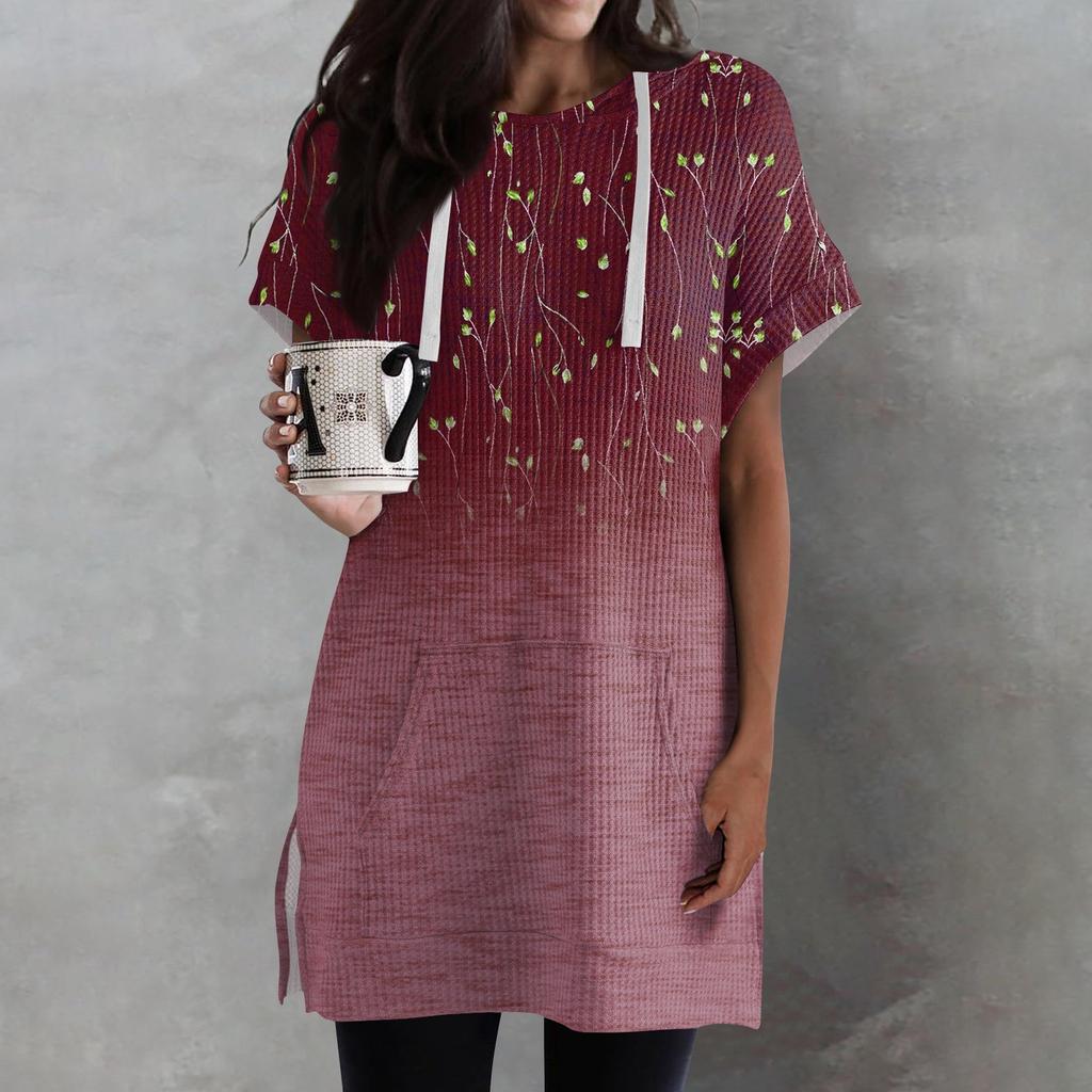 Женские свободные рубашки с принтом, толстовки с короткими рукавами и шнурком, вязаная туника с боковыми разрезами, топы с капюшоном и карманом