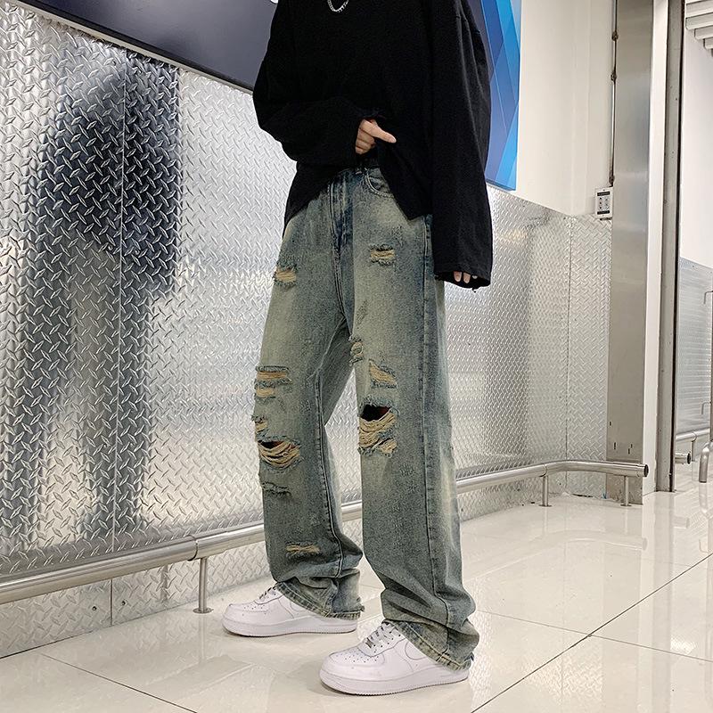 Летние уличные ретро рваные вареные джинсы прямого кроя для мужчин и женщин