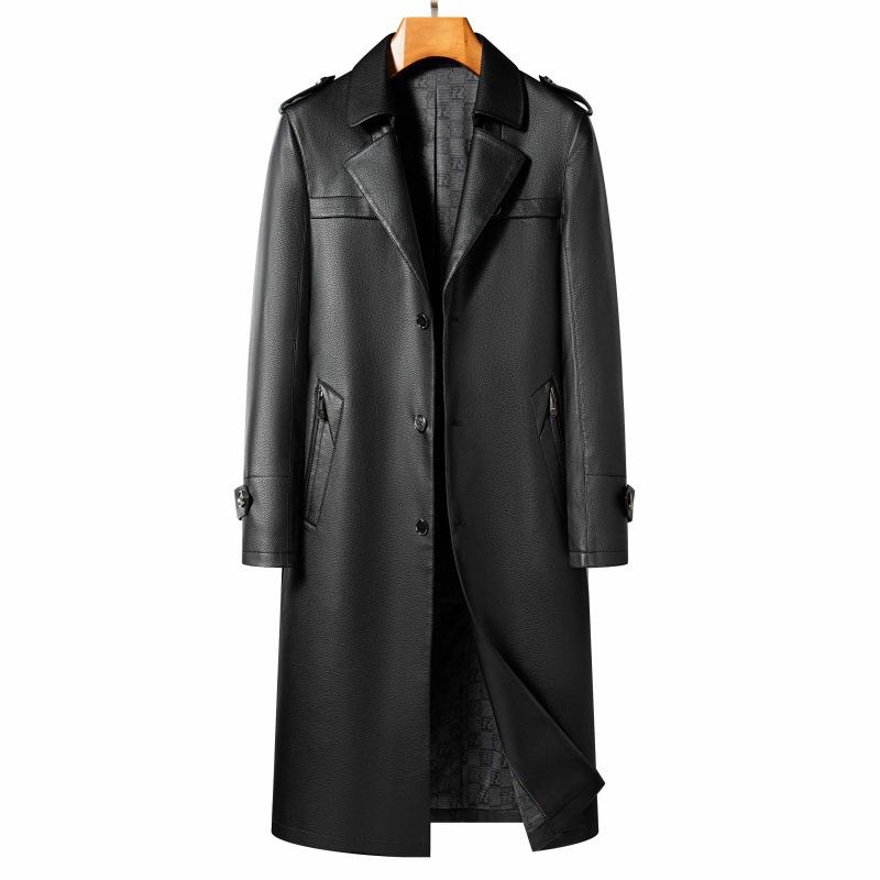 Осенняя длинная кожаная ветровка мужская дубленка пальто длиной до колена деловое повседневное пальто для людей среднего возраста с воротником кожаное пальто