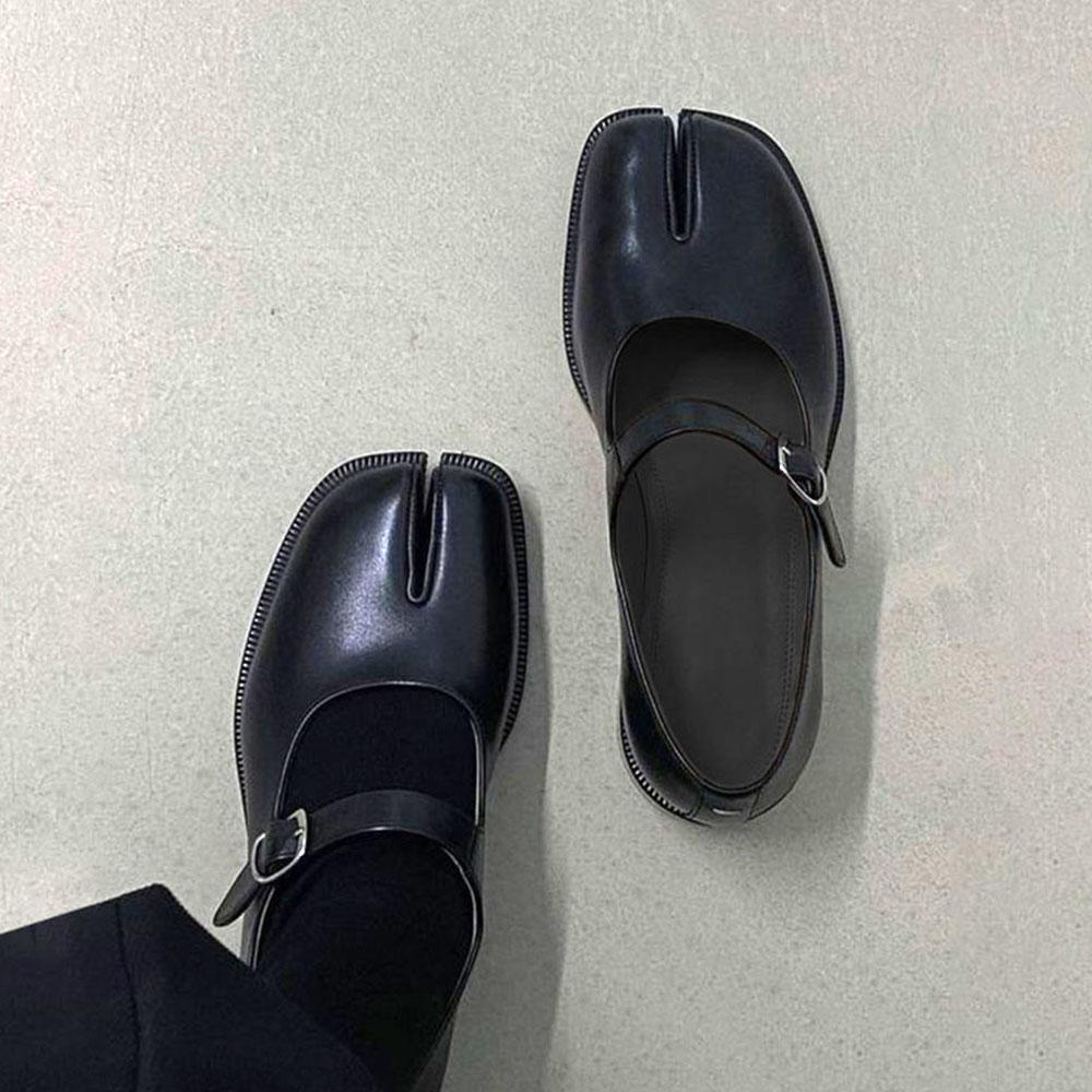 Туфли Мэри Джейн с раздельным носком для женщин Туфли-таби на квадратном каблуке Лоферы Весна-Лето Мягкие женские туфли-лодочки из кожи