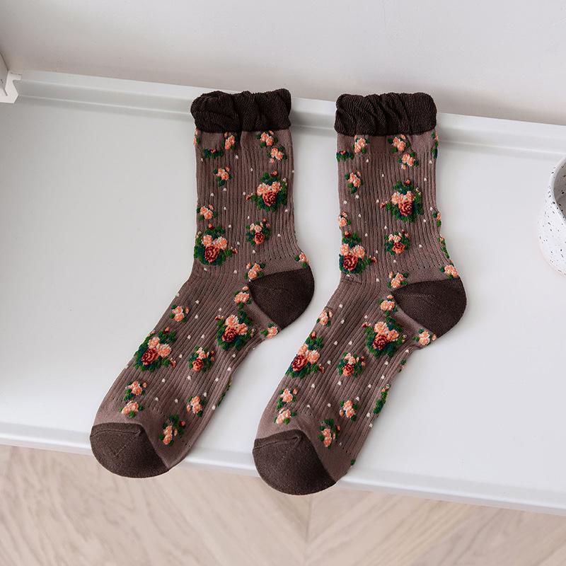 Harajuku Ретро женские носки винтажные этнические цветочные принты японские милые носки Kawaii женские летние сетчатые тонкие шелковые кружевные носки с рюшами