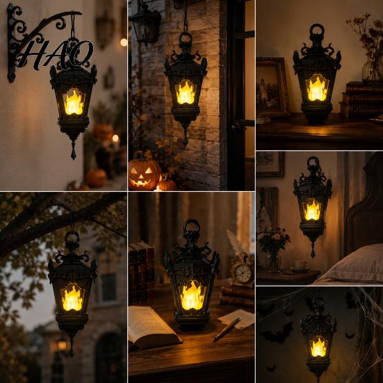 Reusable Halloween Table Centerpieces 3D Printed Gothic Flickering Flame Lantern, Vintage LED Wall Sconce Decor, Flameless Candle Lights Hanging