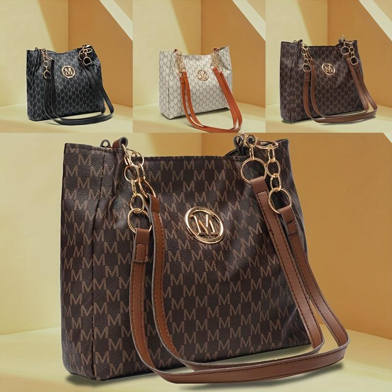 Женская сумка из ПУ в винтажном стиле с принтом буквы 'M' и фурнитурой 'M' - Большая сумка-тоут, застежка-молния, машинная стирка, ретро-кошелек