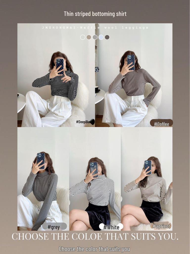 Женский полосатый велюровый пуловер со средней горловиной - Осенне-зимняя теплая приталенная рубашка с длинным рукавом