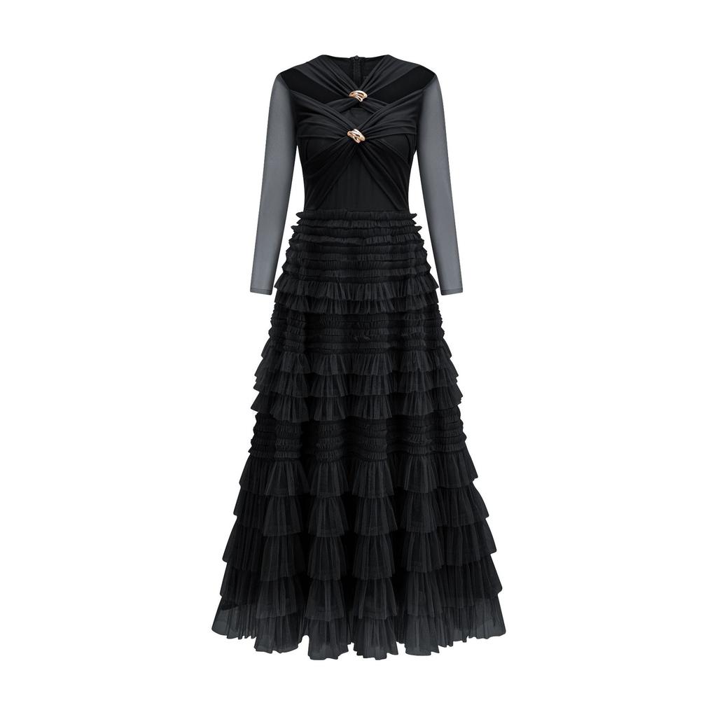 Осень и Зима Новинка Нишевое Платье с Крестом Персонализированное Темперамент Элегантное С Длинным Рукавом А-силуэта Повседневная Женская Одежда