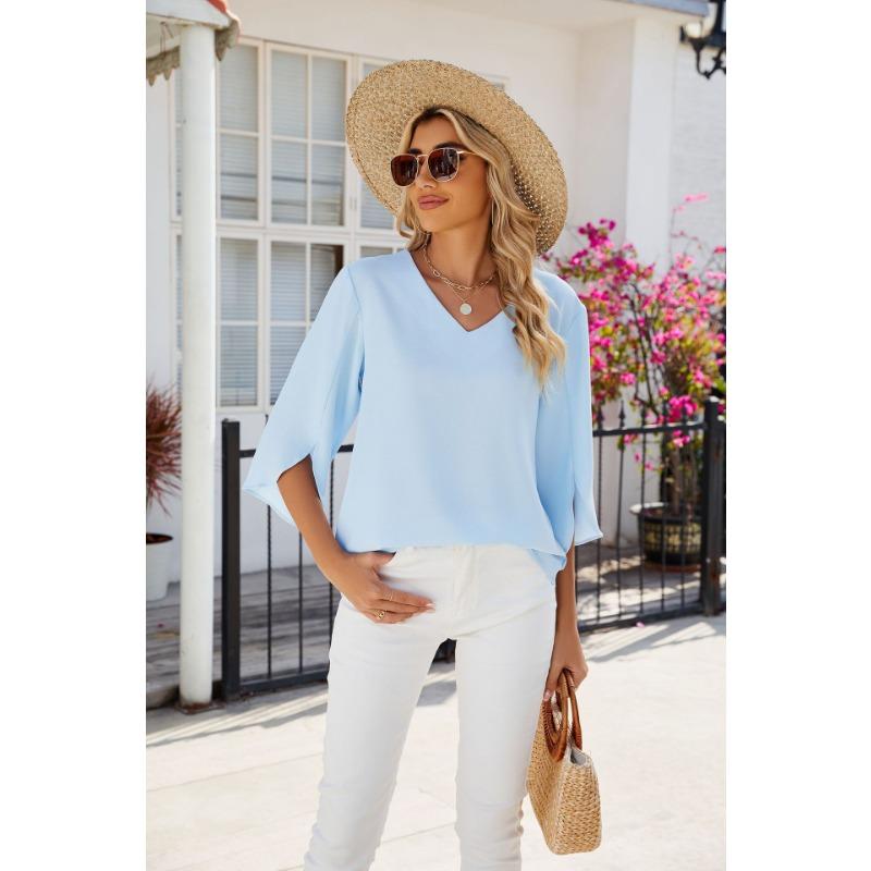 Летняя женская футболка, новый однотонный свободный топ с короткими рукавами и v-образным вырезом со средним рукавом