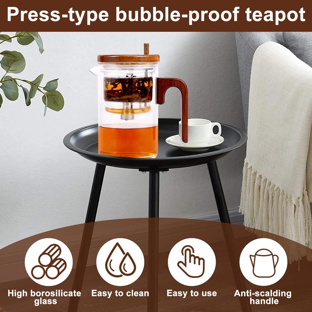 Water Separation Glass Teapot with Wood Handle Leak Proof Glass Tea Infuser Teapot Easy To Clean Tea Water Separation Teapot
