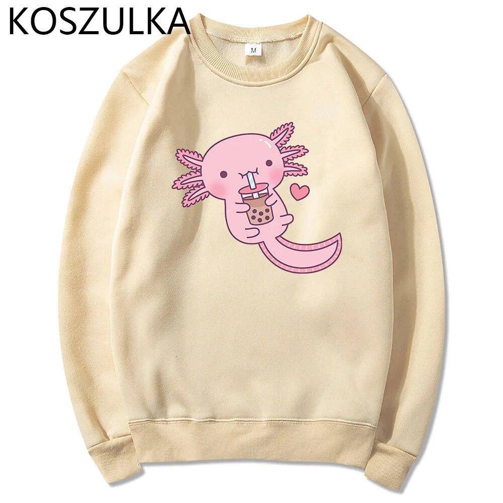 Забавные женские милые толстовки с капюшоном «Аксолотль любит пузырьковый чай» Толстовка с принтом Свободная толстовка с капюшоном большого размера с мультяшным принтом Уличная одежда Розовая одежда
