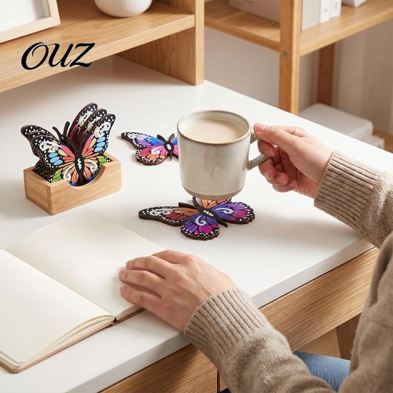 Wooden Drink Coasters for Table Protection 4Pcs Butterfly Coaster, Absorbent Non-slip Wood Cup Mats Coffee Cups Protection, Heat Resistant Mugs