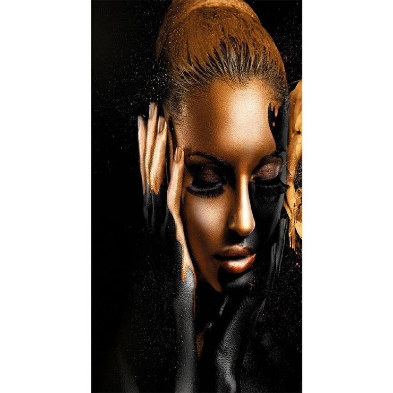 Элегантная черно-золотая африканская женщина на холсте для гостиной, роскошный скандинавский настенный декор