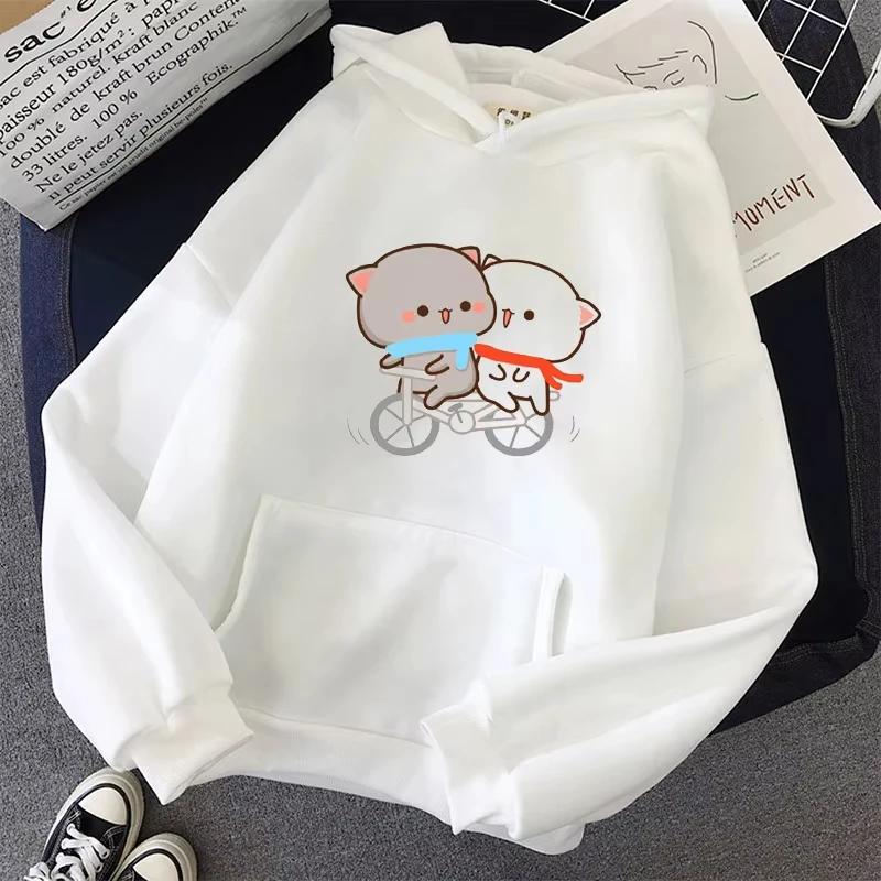 2025  Women's White Hoodies Kawaii Peach Cat Cartoon Print Femme Winter Hooded Sweatshirt Tops Casual Female Jumper