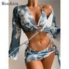 Tie Dye Long Sleeve Bikini Female Swimsuit Women Swimwear Four-pieces Bikini Set Sarong Halter Bather Bathing Suit Swim