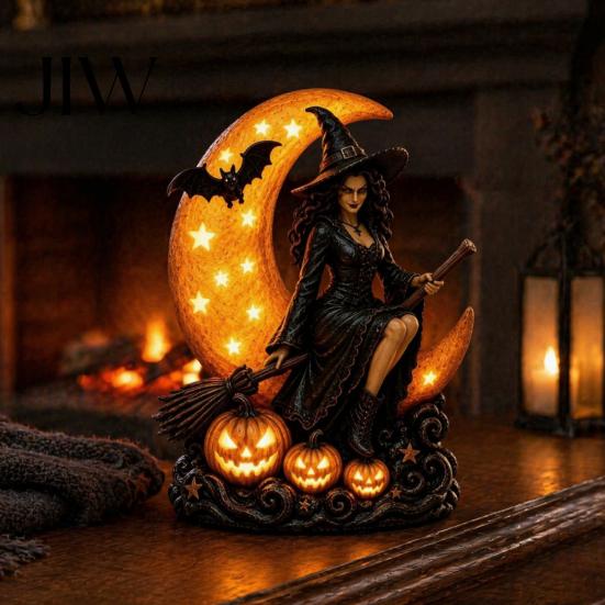 Glowing Crescent Moon Pumpkin Lamp Halloween Witch Lamp, Gothic LED Night Light, Artistic Mystical Home Decor Spooky Decorative Table for Bedroom