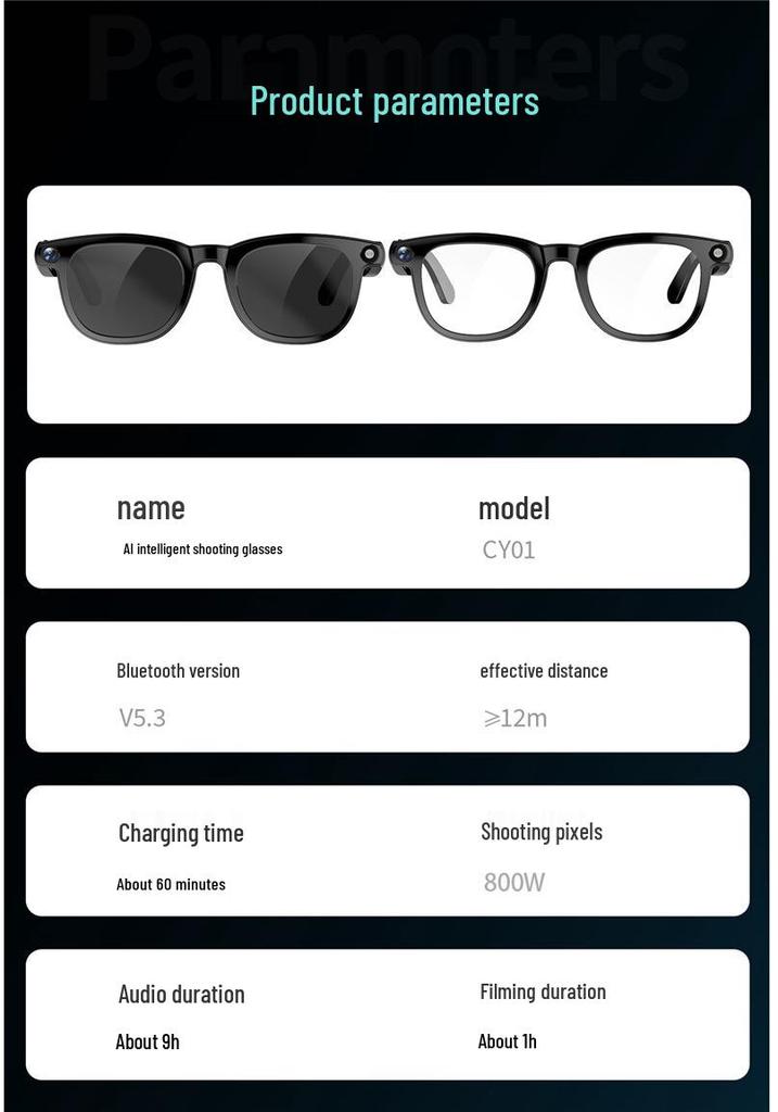 AI Smart Glasses with 800W Camera, Anti-shake, Photo Translation, Call Recording, Voice Assistant - Model CY01-01
