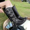 Fashion Fashion Metal Buckle Motorcycle Boots for Women Black PU Leather Chunky Heel Long Botas Mujer 2025 Autumn Winter Knee High Boots