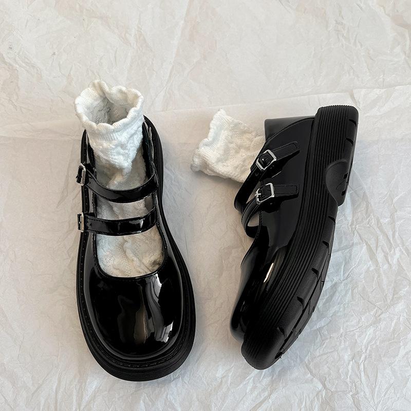 Черные французские туфли на круглой платформе в стиле ретро, женские кожаные туфли 2025 года, летняя юбка, неглубокий вырез, туфли Мэри Джейн