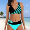 Women's Hanging Neck Style Swimsuit Purple Stripes Print Bikini Tankini Swimsuit