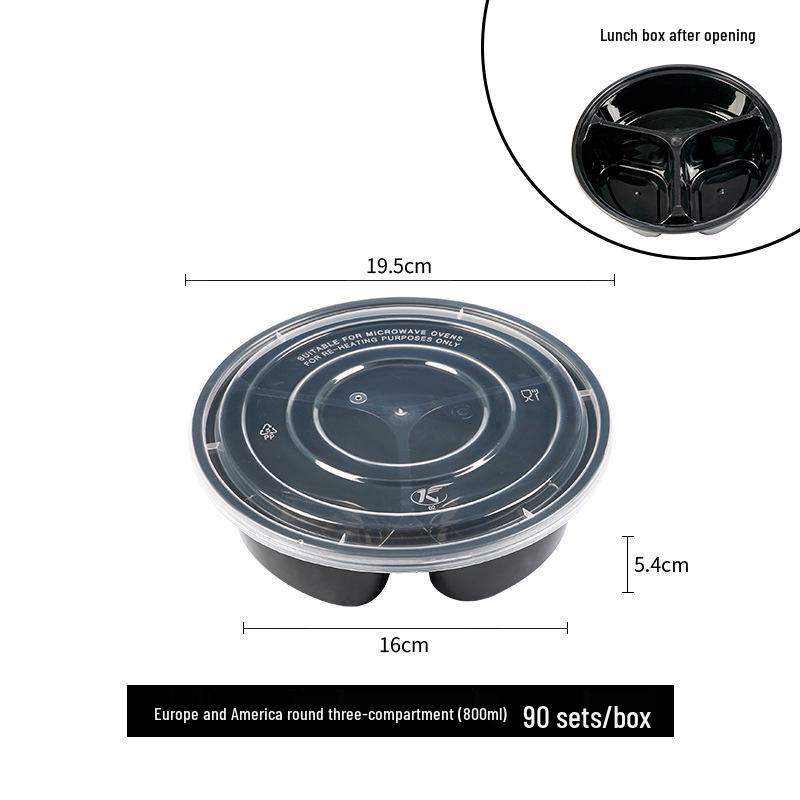 European & American Round Three-Compartment Disposable Lunch Box, Thickened Transparent Black Container for Takeaway Packaging