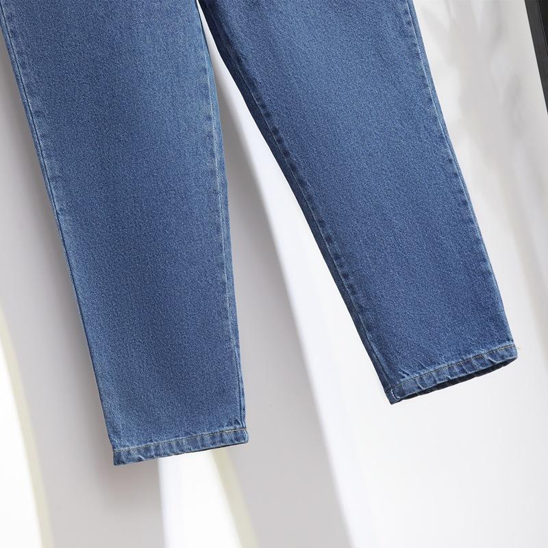 Женские джинсы больших размеров, брюки с высокой талией, свободные джинсовые женские брюки с эластичной резинкой на талии, весенние базовые брюки с карманами
