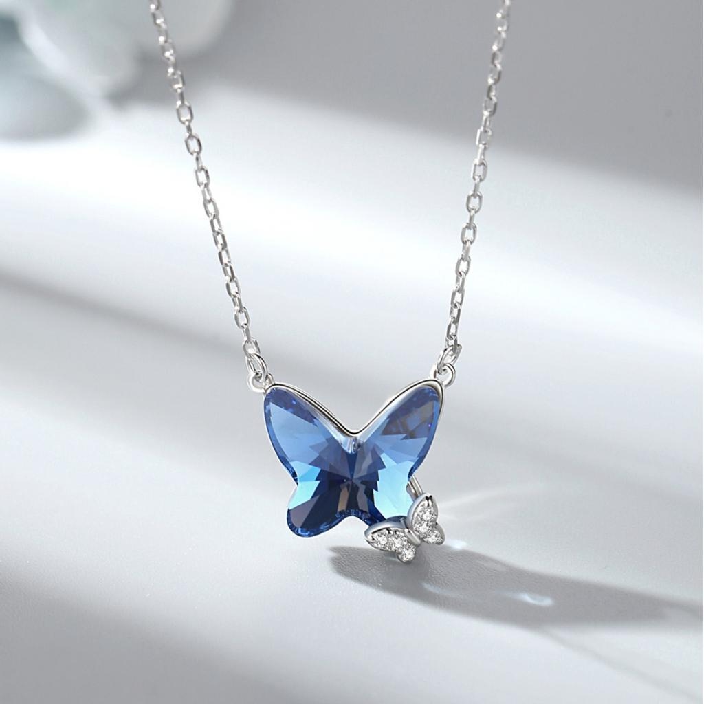 925 Sterling Silver Blue Crystal Butterfly Pendant Necklaces for Women Elegant Daily Wear Silver Necklace Jewelry Gift