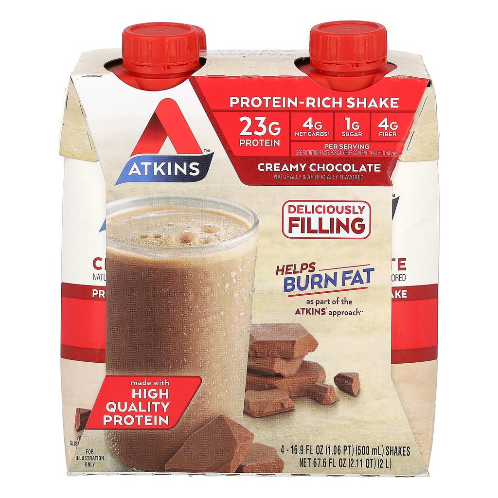 Atkins Protein-Rich Shakes, Creamy Chocolate Flavor, Pack of 4, 16.9 Fl Oz (500 Ml) Each