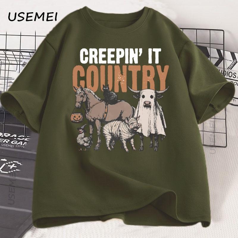 Country Halloween Funny Western Tshirt Graphic Tees Unisex Women Cotton Short Sleeve Tshirt Vintage Farm Animals T Shirt