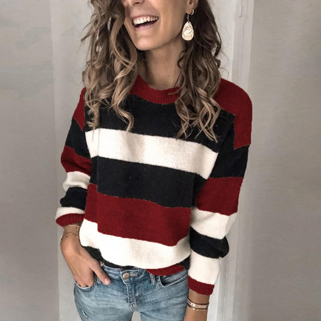 Fashion Women Long Sleeve Striped Print Casual Knitted Loose Sweater Top