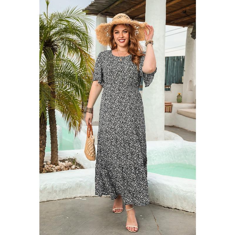 Новое повседневное платье для отпуска с цветочным принтом, круглым вырезом, коротким рукавом, миди-платьями