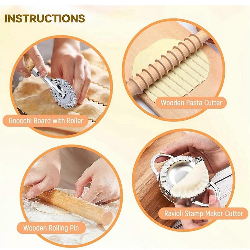 9Pcs Pasta Making Tools Set, Wooden Rolling Pin, Gnocchi Board, Ravioli Stamp Maker Cutter, Pastry C