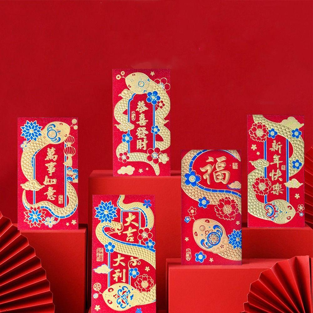 6pcs Blessing 2025 Snake Year Red Pouch Traditional Money Packet Lucky Money Pockets Kids Gift