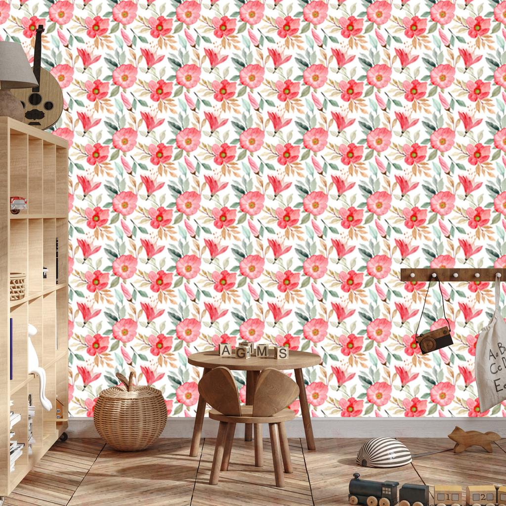 Wallpaper Flowers coral, white, light gray and cream 50x1000