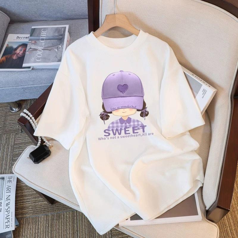 Футболка из чистого хлопка белого цвета с короткими рукавами для женщин на лето, новый большой размер, свободный дизайн, тонкий топ с короткими рукавами и принтом