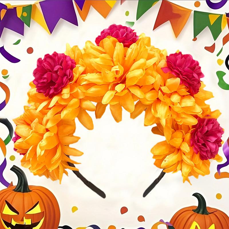 1Pc Day Of The Dead Artificial Marigold Hair Band Faux Chrysanthemum Headband Halloween Festival Party Flower Crown For Women