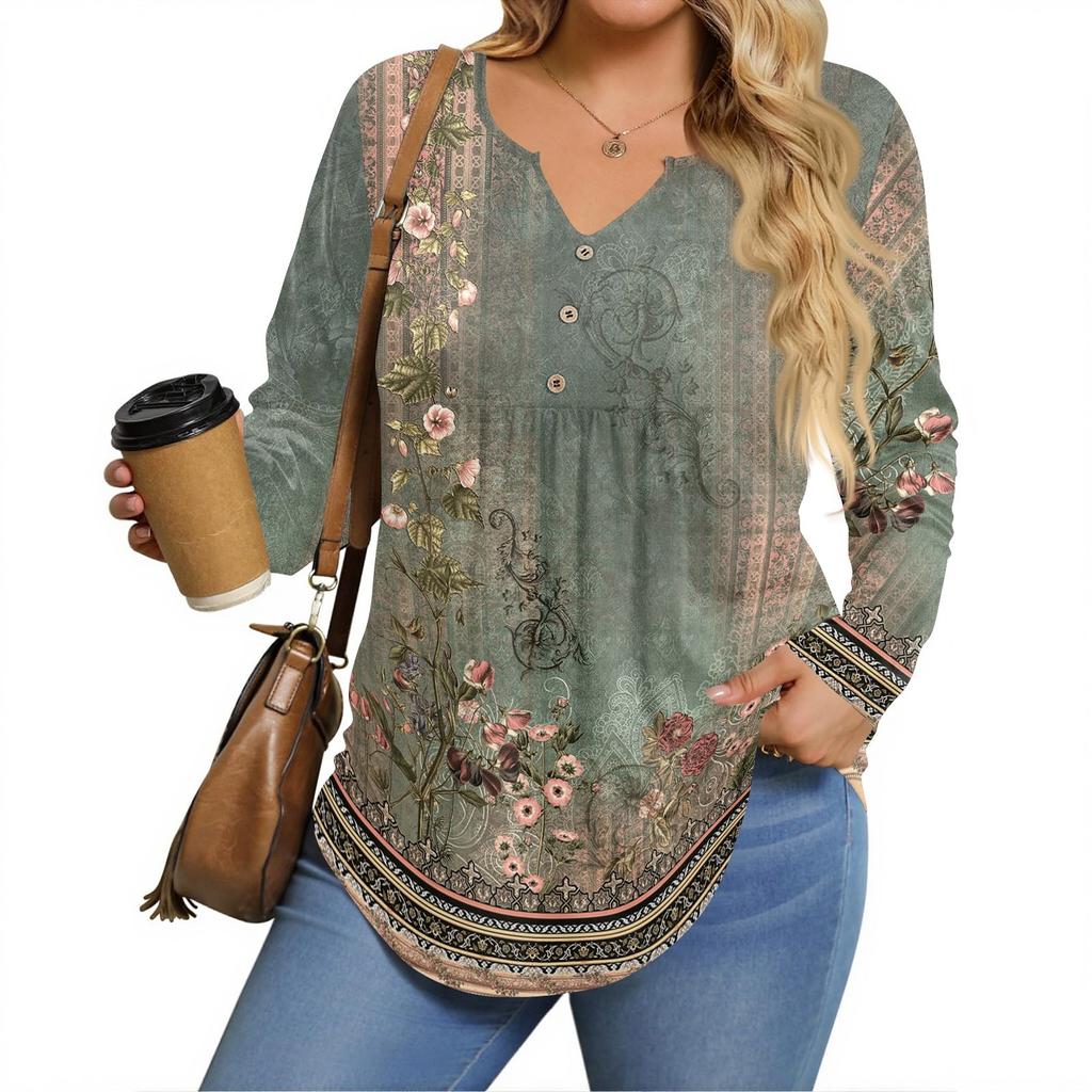 Womens Plus Size Long Sleeve Shirts V Neck Tunic Tops Basic Loose Fit Tee Tops