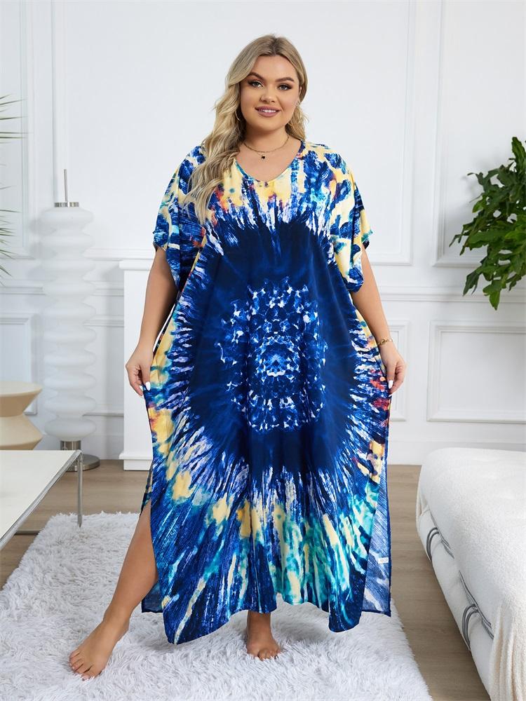 EDOLYNSA Navy Blue Women's Kaftan Hot Selling Bohemian Print Beach Dress Light Jacket Bathing Suit Cover Up Vacation Beach Wear House Robe Q1342