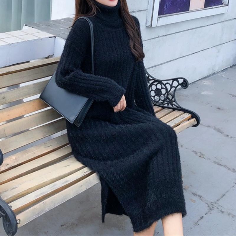 Autumn and Winter New Imitation Mink Turtleneck Pullover Fashion Temperament Knitted Bottoming Skirt Long Split Dress Women