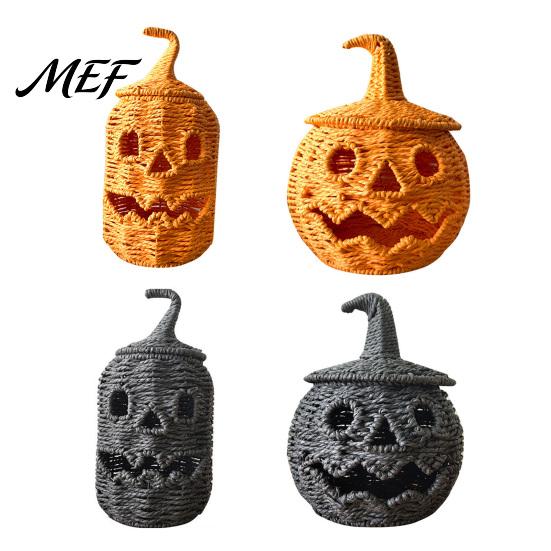 Retro Dark Style Living Room Decor Handwoven Pumpkin Lantern, Vintage Rustic Halloween Decor, Hollow Smile Boho Desktop Art Face Storage Jar with Lid,