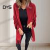 Winter Fall Women Jacket Thick Fleece Fringe Tassel Hem Long Bat Sleeves Open Stitch Cardigan Knitted Fuzzy Mid Length Coat Outdoor Daily Wear Shawl