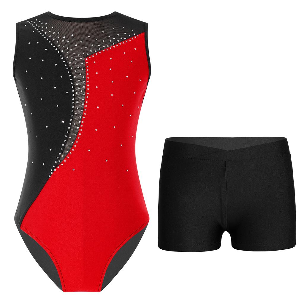 Girls Performance Leotard Sleeveless Round Neck Shiny Rhinestones Contrast Patchwork Design Waistband Shorts Set