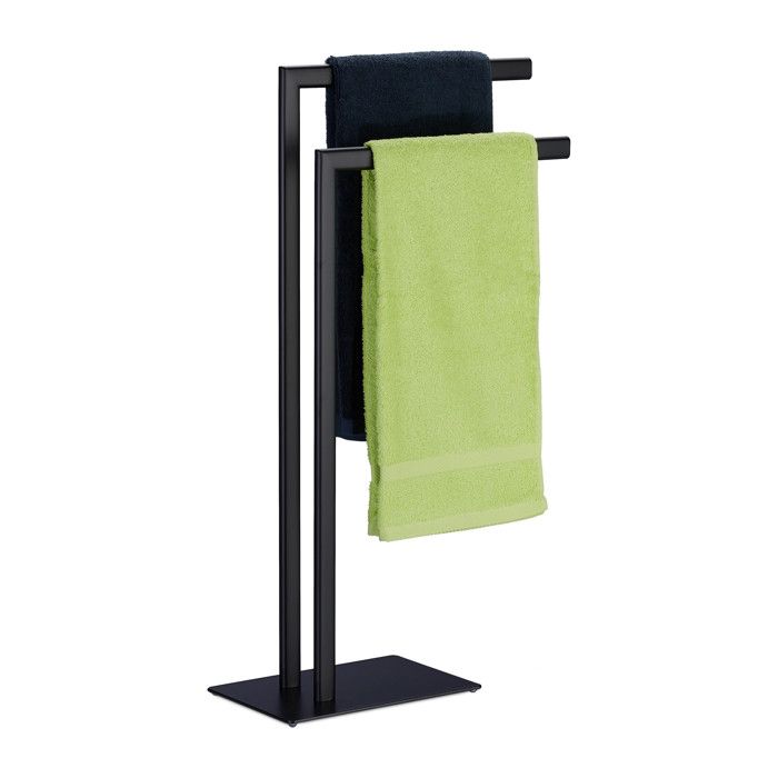 Relaxdays porte-serviettes autonome, 2 barres, support salle de bain, acier, HxLxP: 81 x 49 x 20 cm, noir