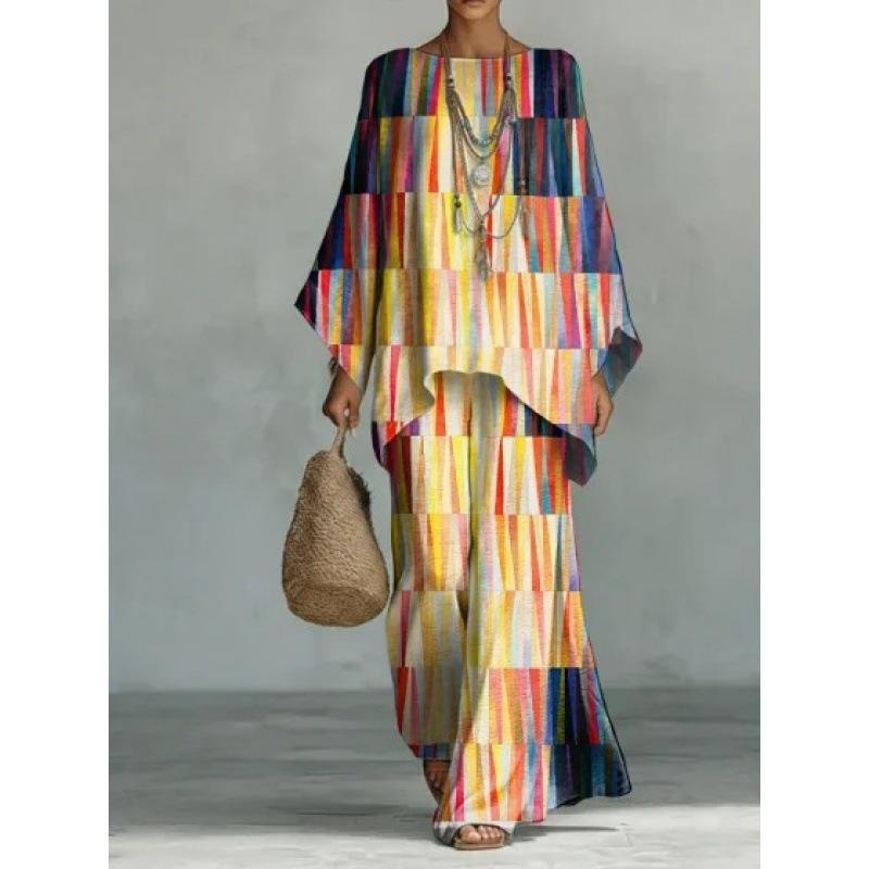 16 European and American artistic sense abstract graffiti casual suit round neck bat sleeve top + wide leg pants loose two-piece set