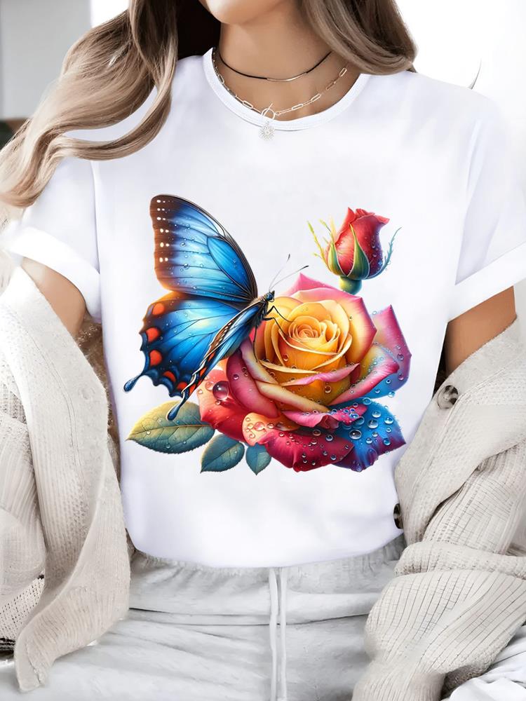 (Asian Size) Print Short Sleeve T-shirts Flower Style 90s Fashion O-neck Female Casual Women's Top T Clothing Graphic Tee