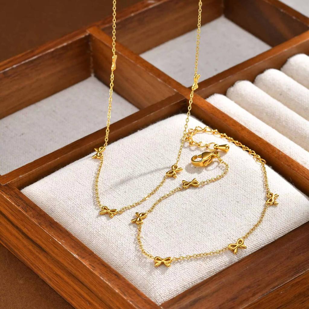 Vnox Bowknot Chain Bracelet Stainless Steel Minimalist Dainty Jewelry for Women Fashion Delicate Butterfly Knot Charm Necklaces